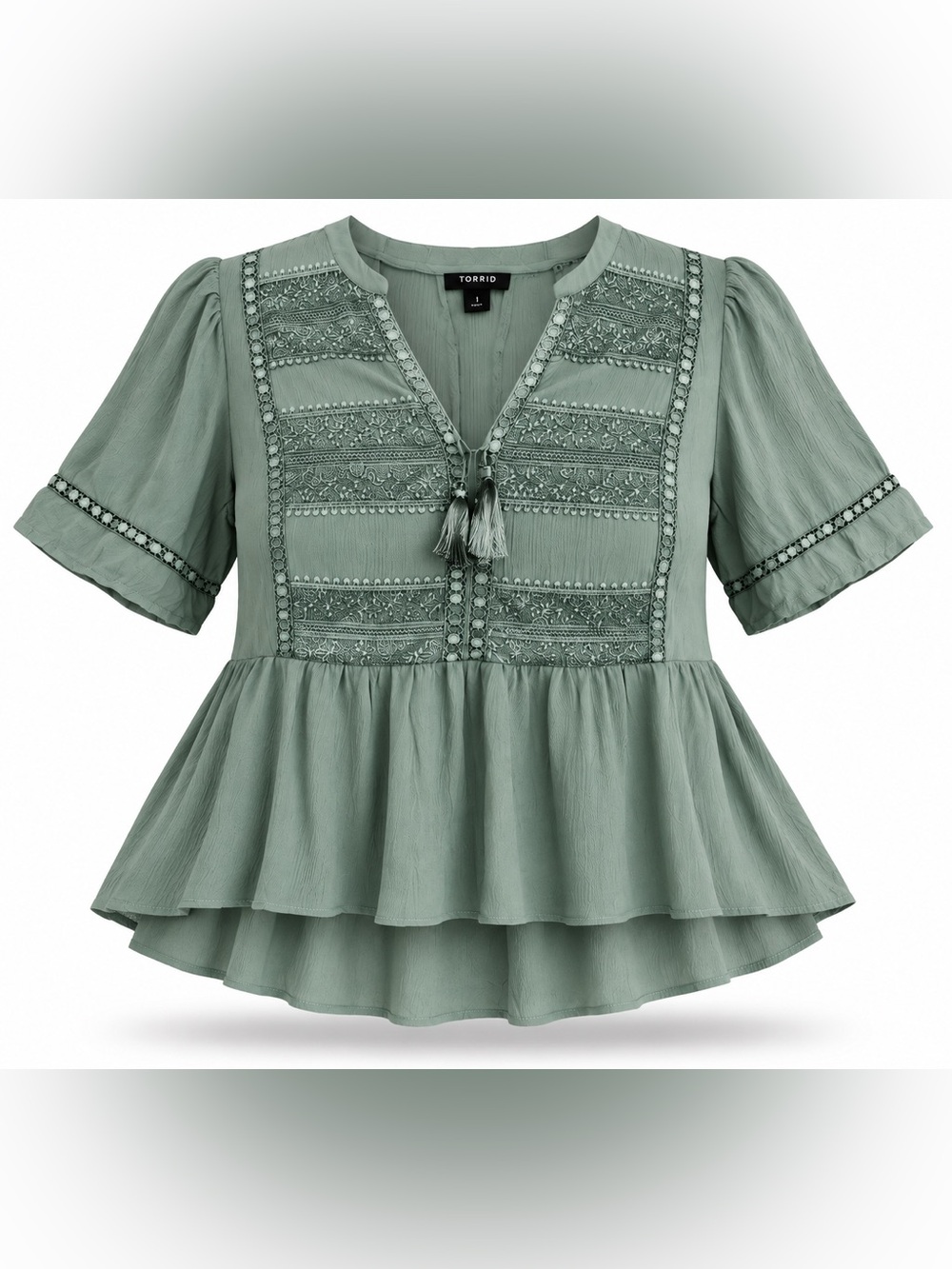 torrid Sage Green Embroidered Tassel Blouse